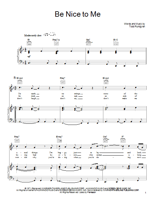 Todd Rundgren Be Nice To Me sheet music notes and chords arranged for Piano, Vocal & Guitar Chords (Right-Hand Melody)