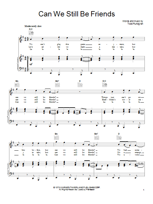 Todd Rundgren Can We Still Be Friends sheet music notes and chords arranged for Piano, Vocal & Guitar Chords (Right-Hand Melody)