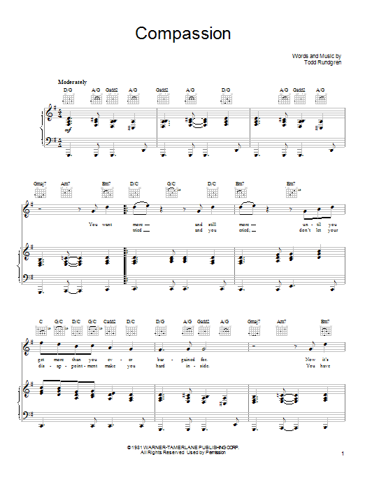 Todd Rundgren Compassion sheet music notes and chords arranged for Piano, Vocal & Guitar Chords (Right-Hand Melody)