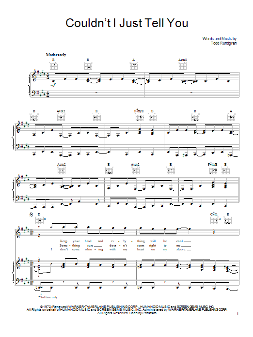 Todd Rundgren Couldn't I Just Tell You sheet music notes and chords arranged for Piano, Vocal & Guitar Chords (Right-Hand Melody)