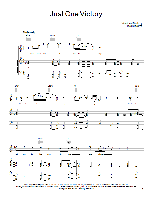 Todd Rundgren Just One Victory sheet music notes and chords arranged for Piano, Vocal & Guitar Chords (Right-Hand Melody)