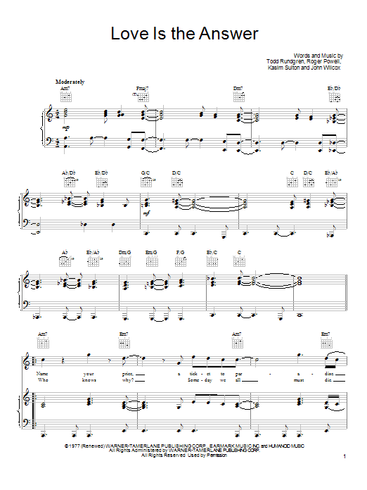 Todd Rundgren Love Is The Answer sheet music notes and chords arranged for Piano, Vocal & Guitar Chords (Right-Hand Melody)
