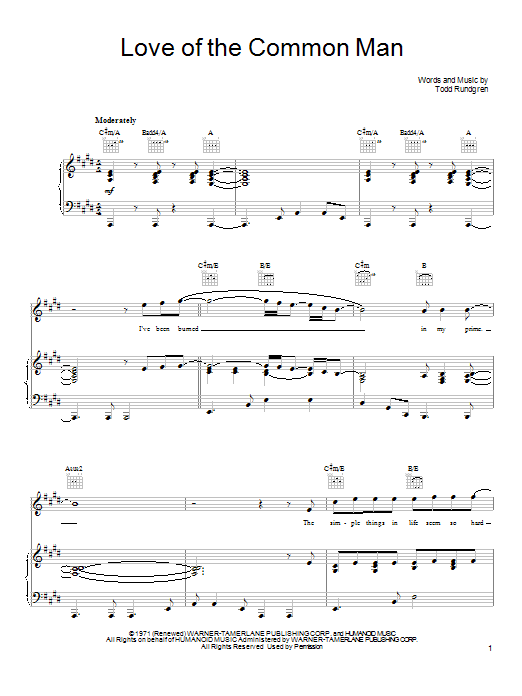Todd Rundgren Love Of The Common Man sheet music notes and chords arranged for Piano, Vocal & Guitar Chords (Right-Hand Melody)