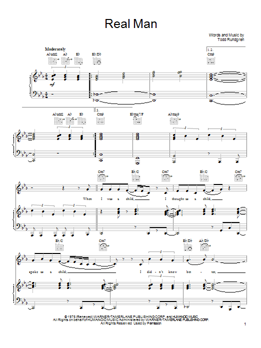 Todd Rundgren Real Man sheet music notes and chords arranged for Piano, Vocal & Guitar Chords (Right-Hand Melody)