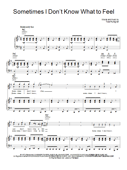 Todd Rundgren Sometimes I Don't Know What To Feel sheet music notes and chords arranged for Piano, Vocal & Guitar Chords (Right-Hand Melody)