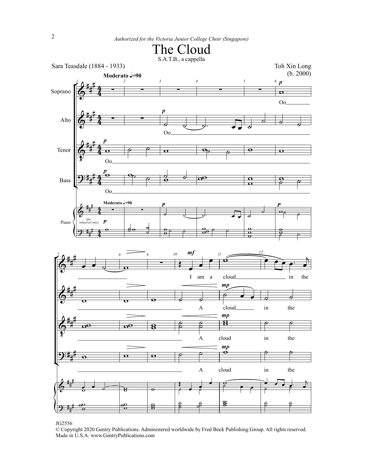 Toh Xin Long The Cloud sheet music notes and chords arranged for SATB Choir