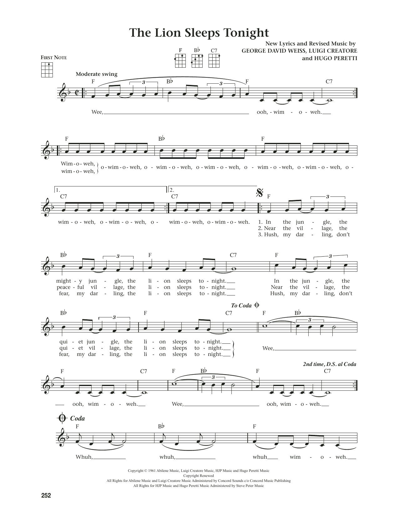 Tokens The Lion Sleeps Tonight (from The Daily Ukulele) (arr. Jim Beloff) sheet music notes and chords arranged for Ukulele