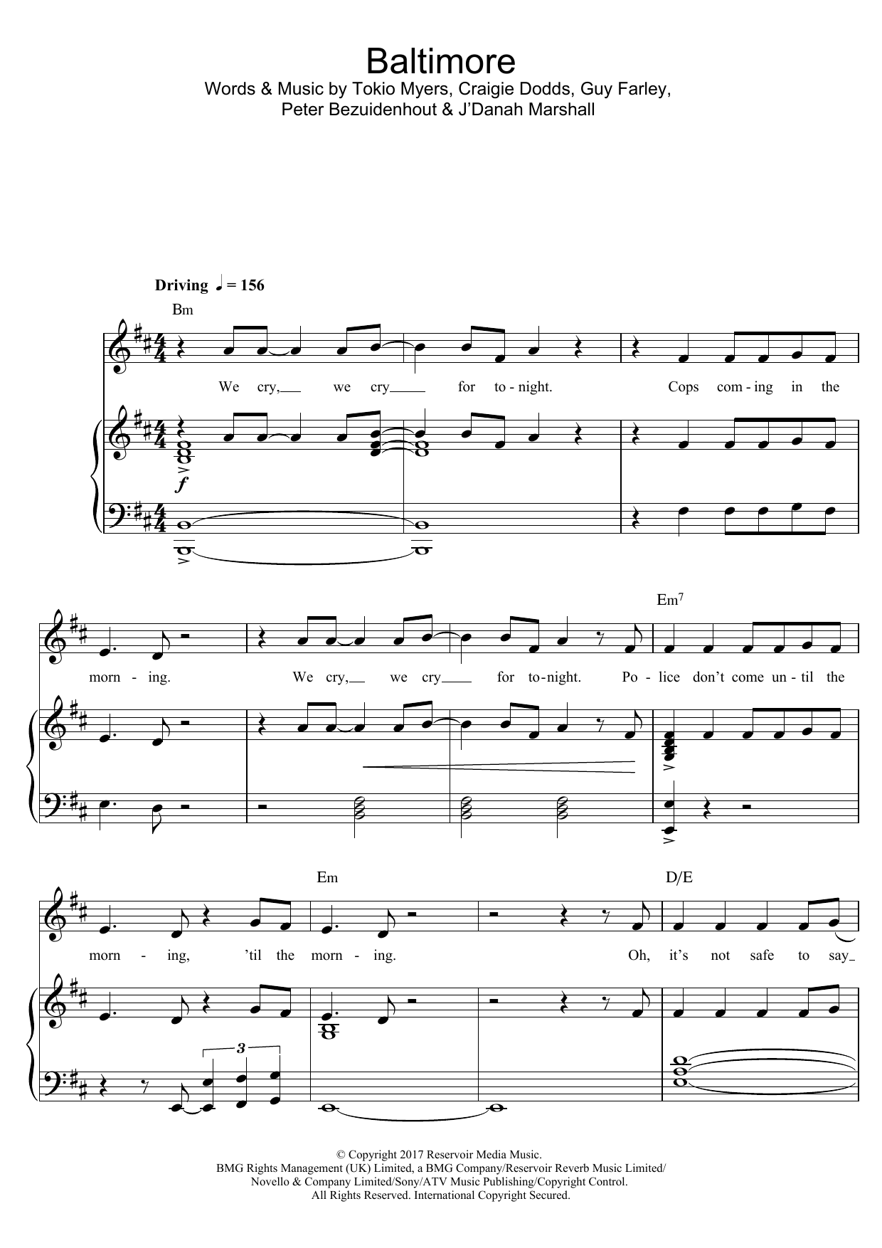 Tokio Myers Baltimore sheet music notes and chords arranged for Piano, Vocal & Guitar Chords