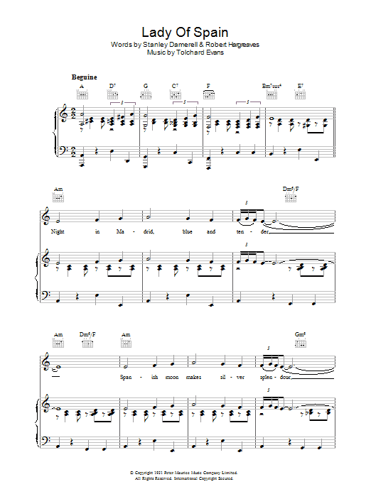 Tolchard Evans Lady Of Spain sheet music notes and chords arranged for Piano, Vocal & Guitar Chords