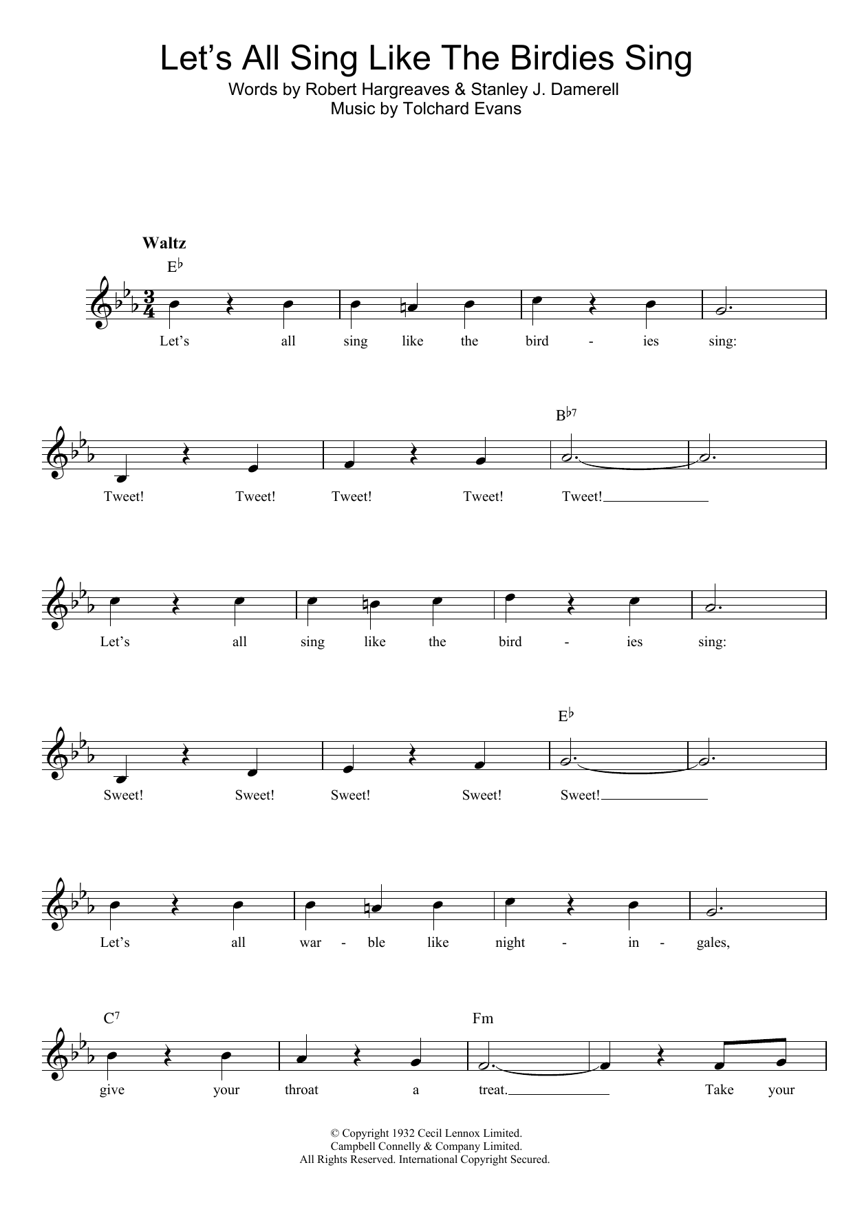 Tolchard Evans Let's All Sing Like The Birdies Sing sheet music notes and chords arranged for Lead Sheet / Fake Book