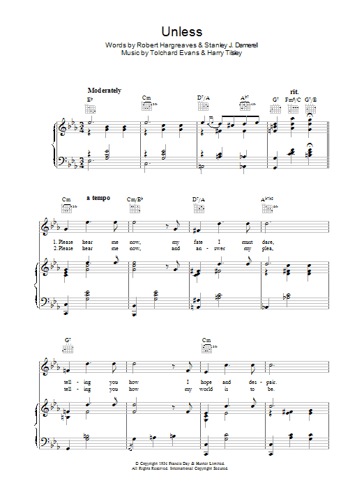 Tolchard Evans Unless sheet music notes and chords arranged for Piano, Vocal & Guitar Chords