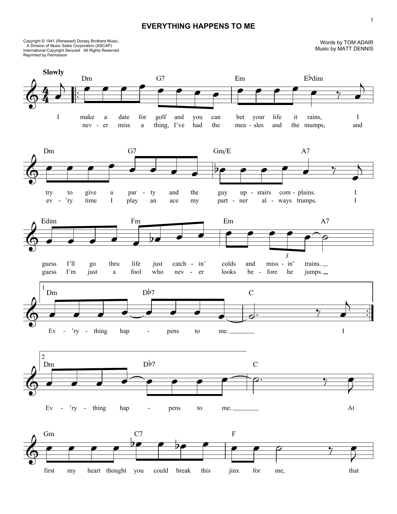 Tom Adair Everything Happens To Me sheet music notes and chords arranged for Lead Sheet / Fake Book