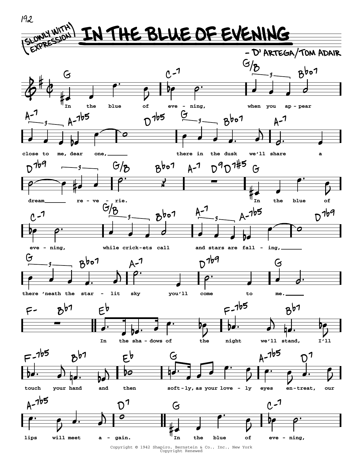 Tom Adair In The Blue Of Evening (High Voice) sheet music notes and chords arranged for Real Book – Melody, Lyrics & Chords