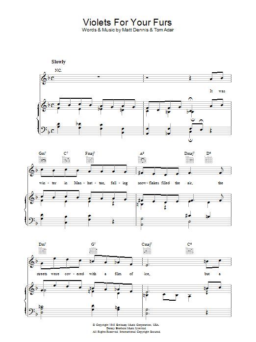 Tom Adair Violets For Your Furs sheet music notes and chords arranged for Piano, Vocal & Guitar Chords