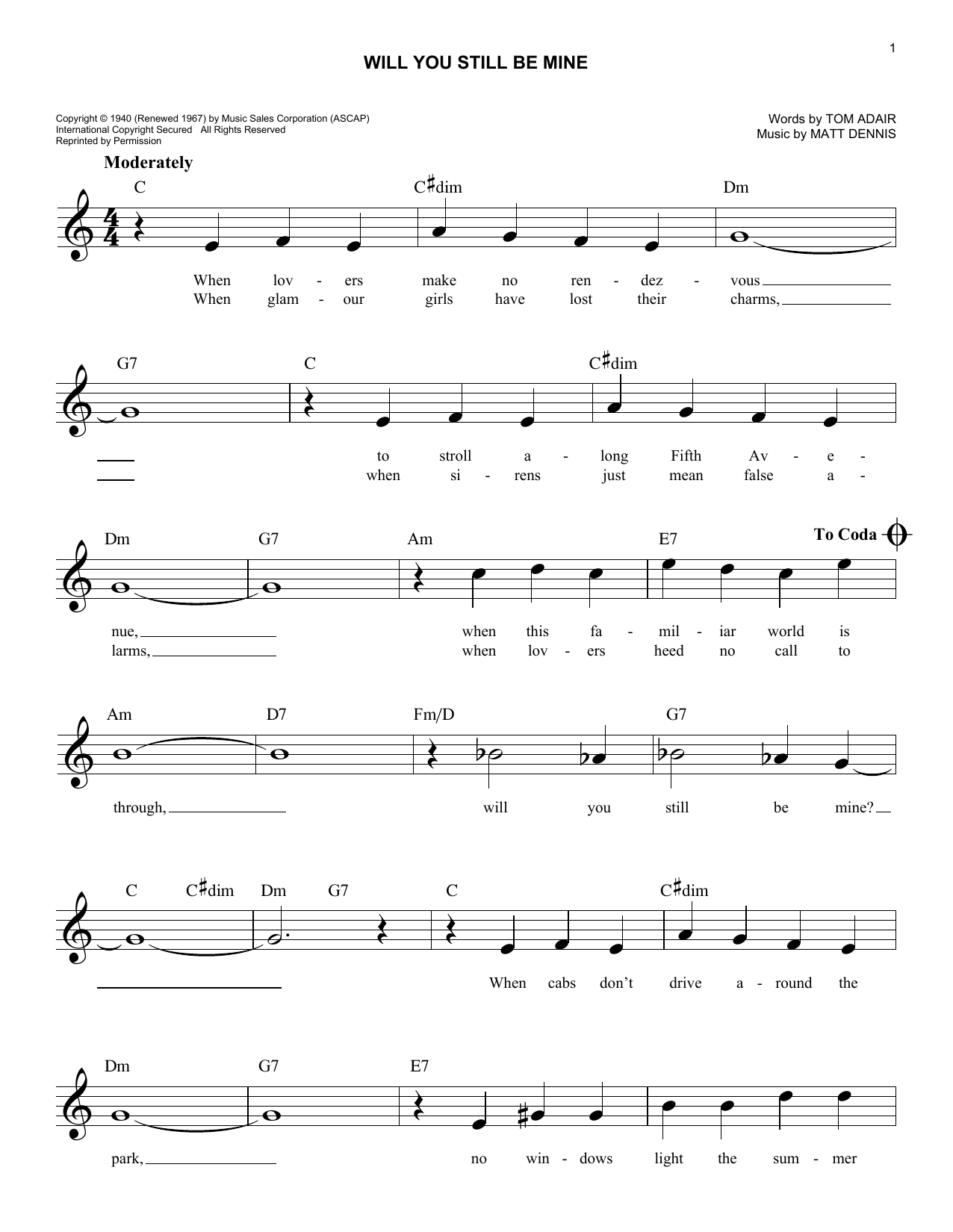 Tom Adair Will You Still Be Mine sheet music notes and chords arranged for Lead Sheet / Fake Book