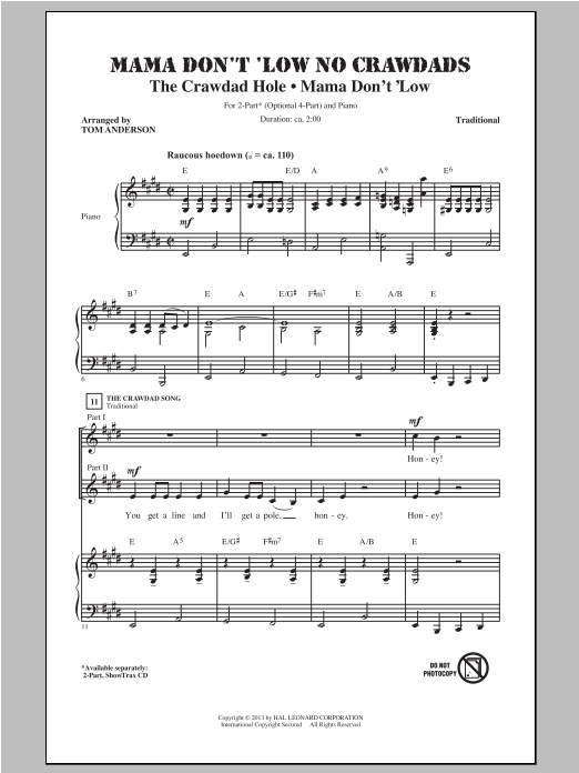 Tom Anderson Mama Don't 'Low sheet music notes and chords arranged for 2-Part Choir