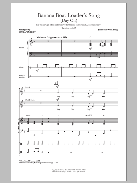 Tom Anderson The Banana Boat Song sheet music notes and chords arranged for 2-Part Choir
