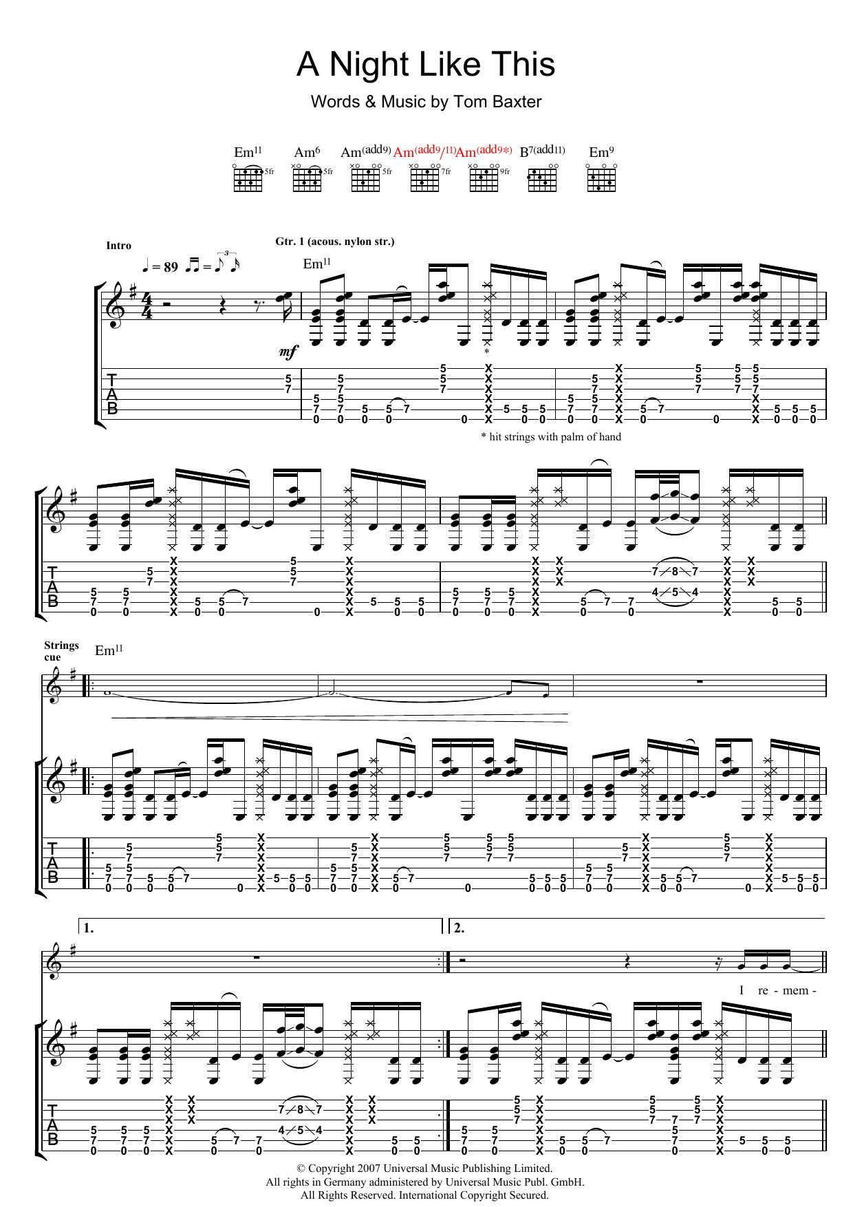 Tom Baxter A Night Like This sheet music notes and chords arranged for Guitar Tab
