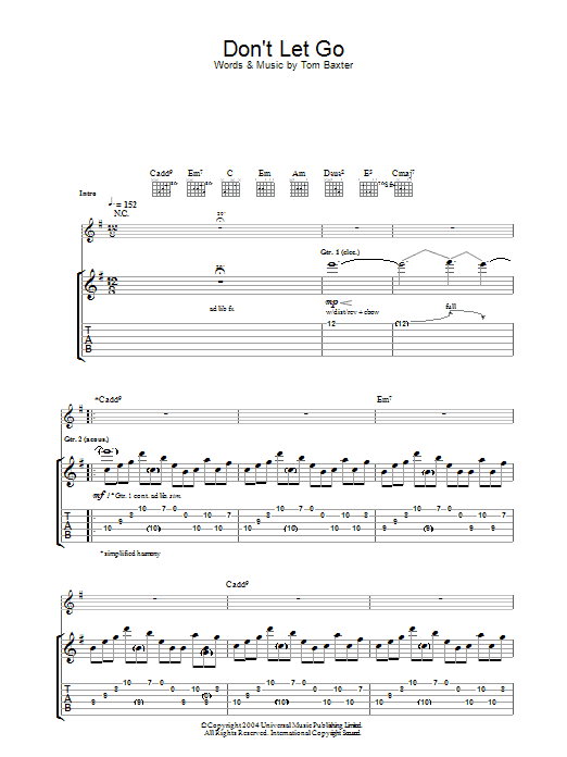 Tom Baxter Don't Let Go sheet music notes and chords arranged for Guitar Tab