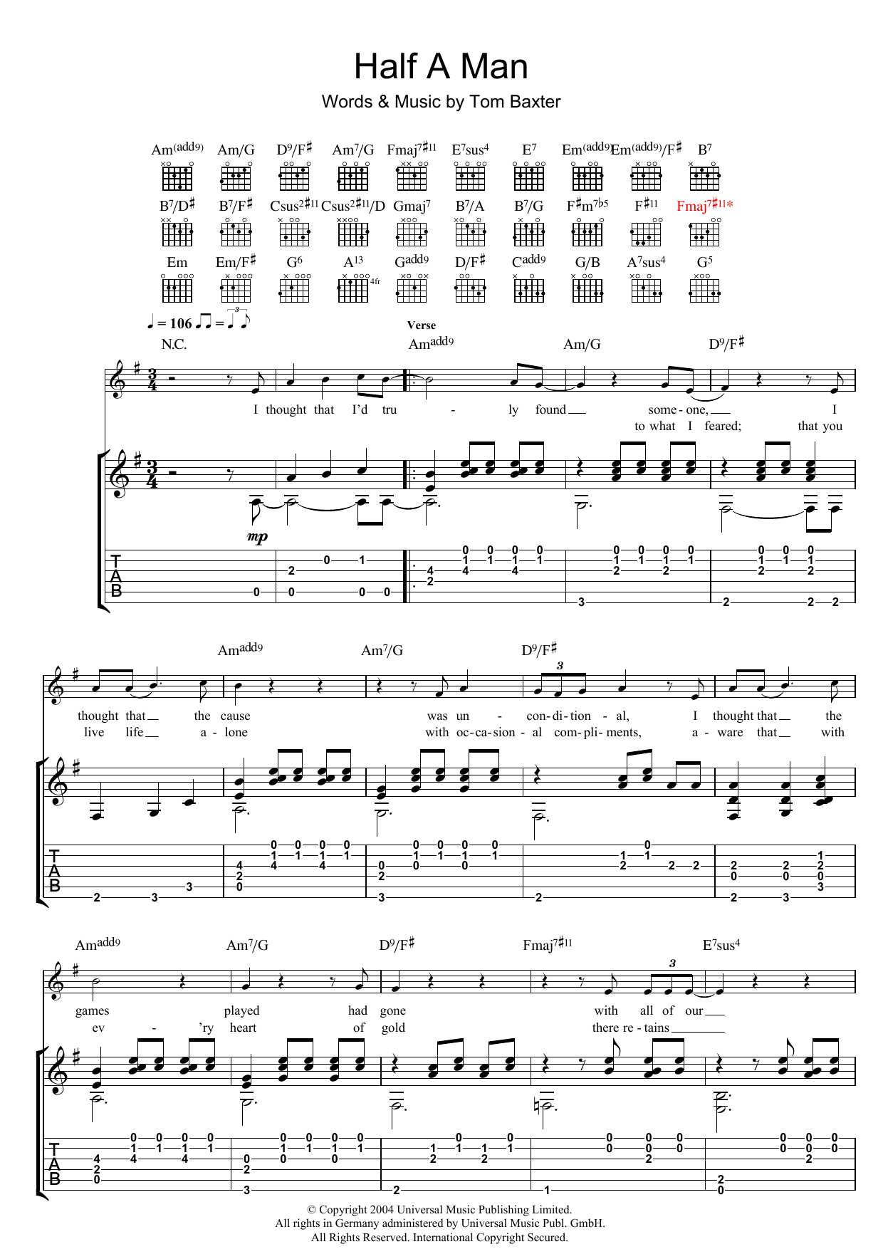Tom Baxter Half A Man sheet music notes and chords arranged for Guitar Tab