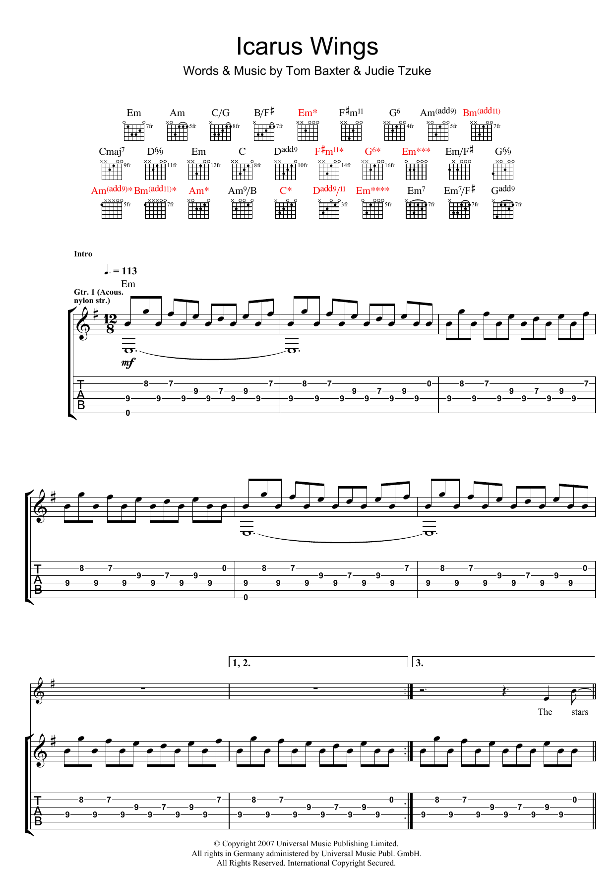 Tom Baxter Icarus Wings sheet music notes and chords arranged for Guitar Tab