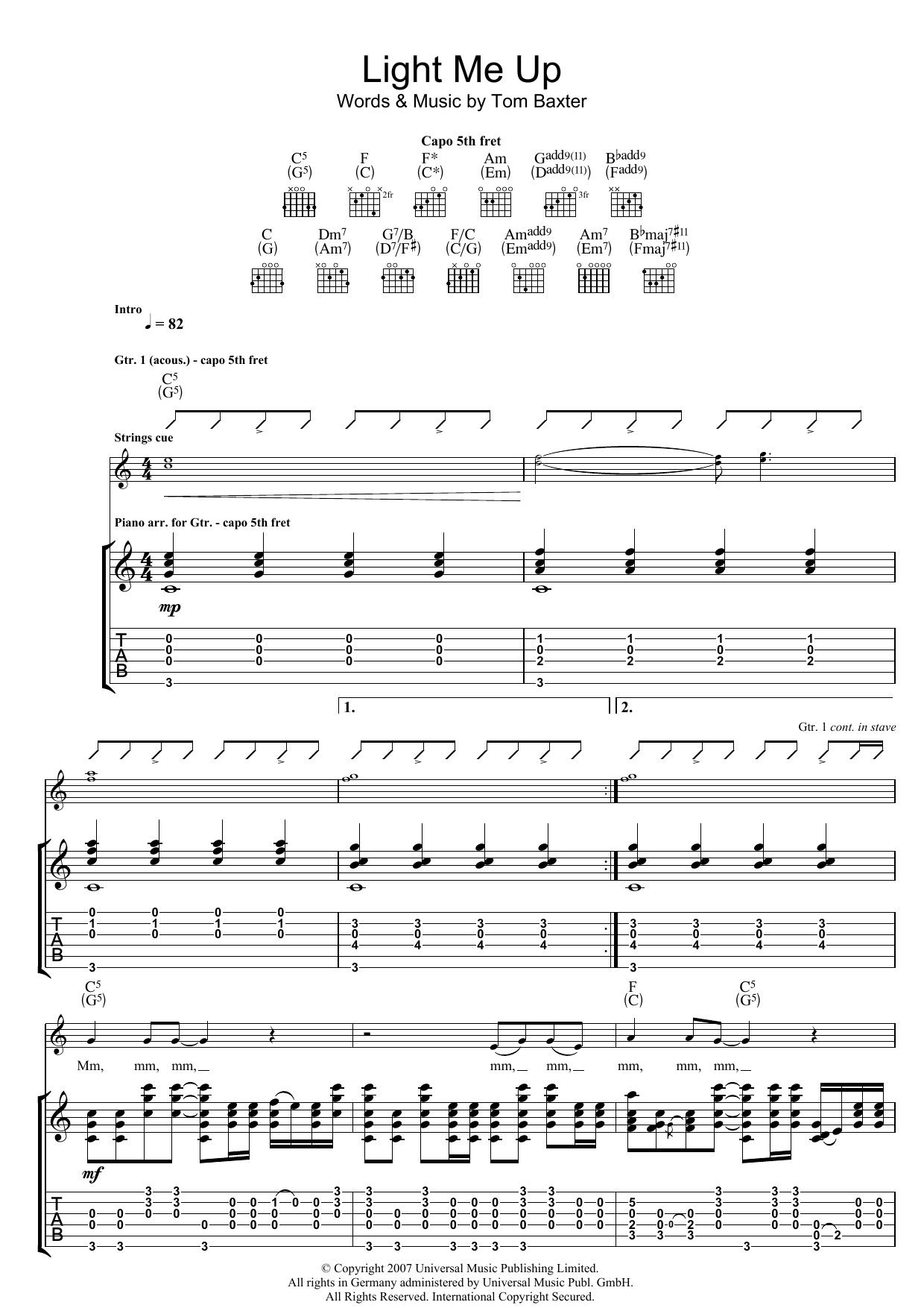 Tom Baxter Light Me Up sheet music notes and chords arranged for Guitar Tab