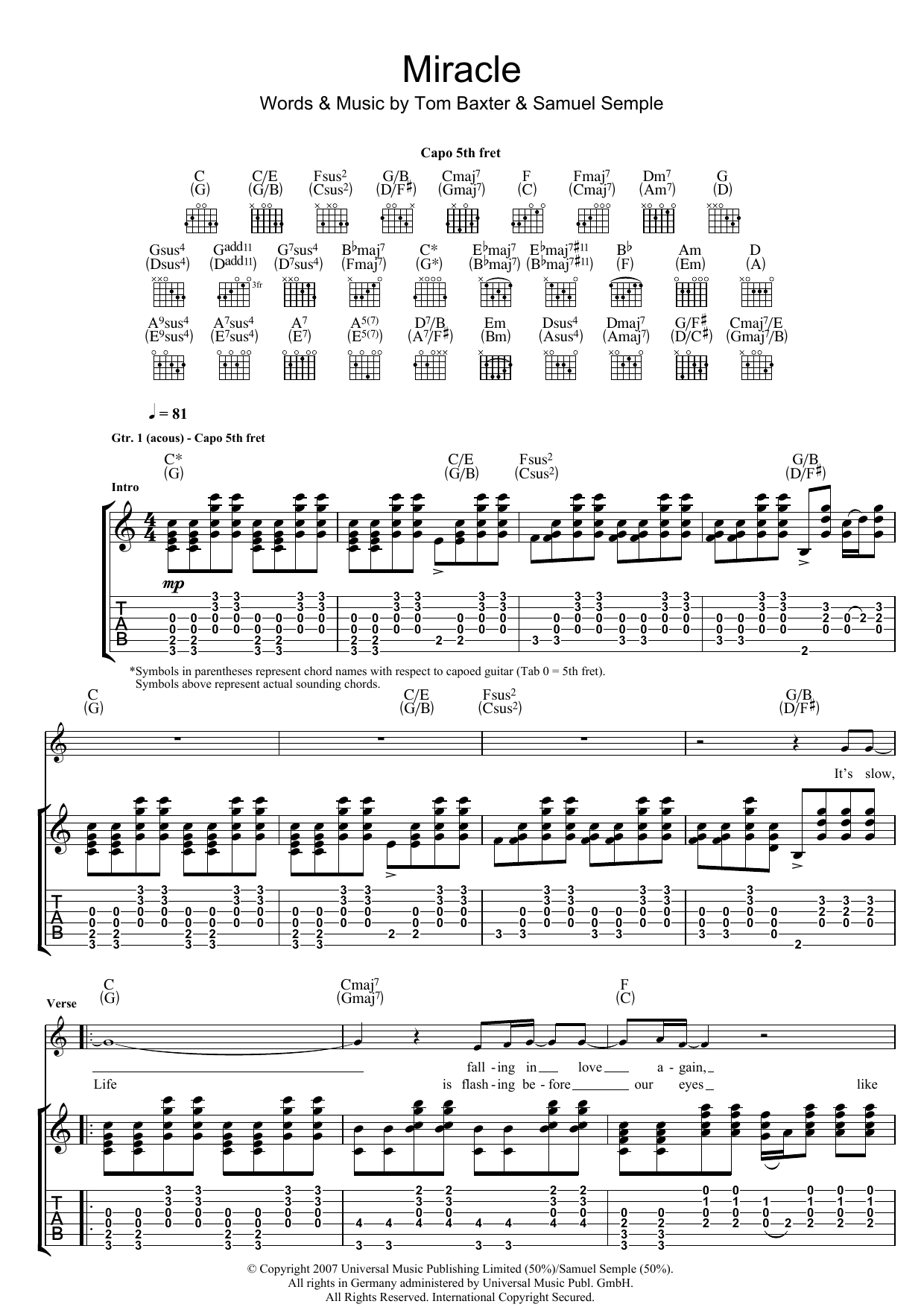 Tom Baxter Miracle sheet music notes and chords arranged for Guitar Tab