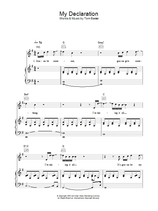 Tom Baxter My Declaration sheet music notes and chords arranged for Piano, Vocal & Guitar Chords