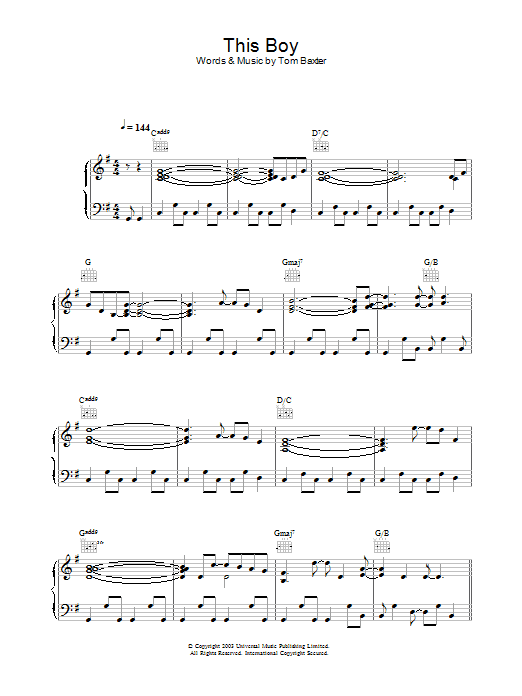 Tom Baxter This Boy sheet music notes and chords arranged for Piano, Vocal & Guitar Chords