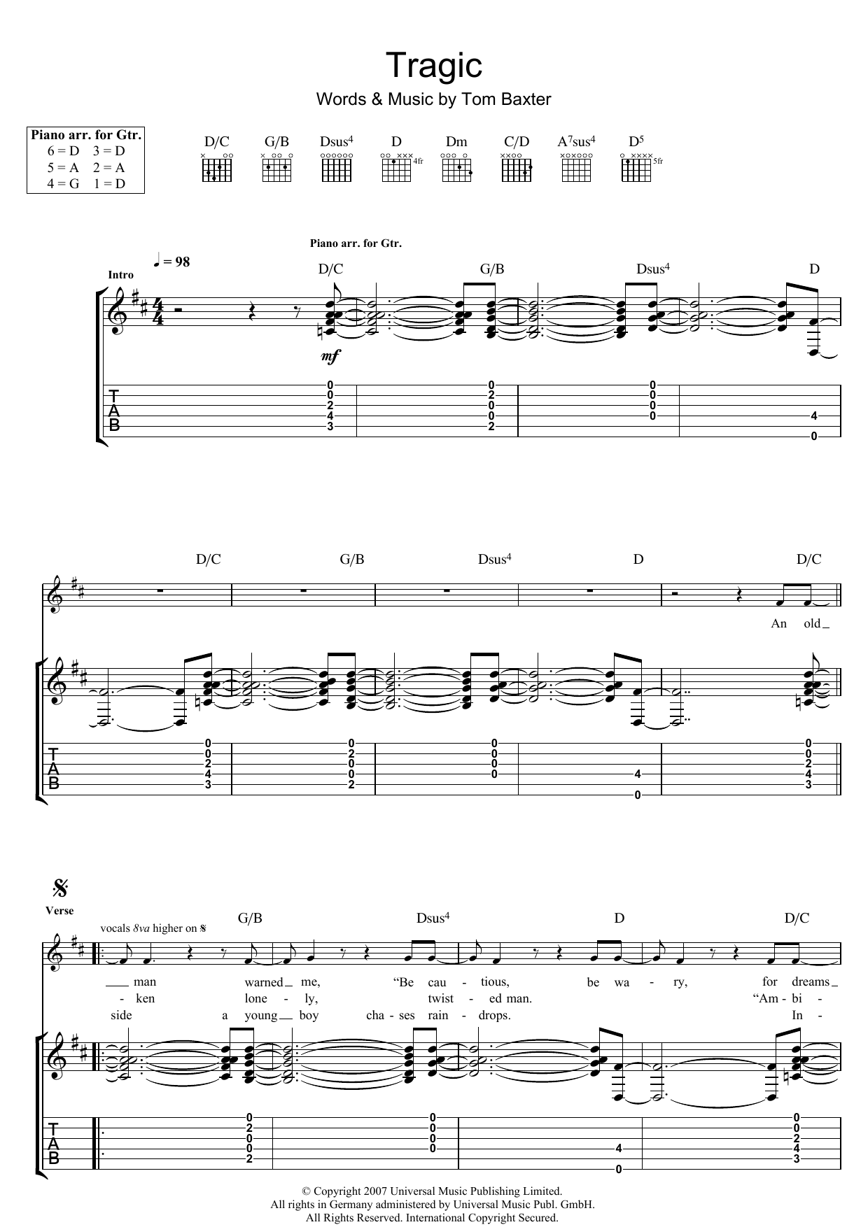 Tom Baxter Tragic sheet music notes and chords arranged for Guitar Tab