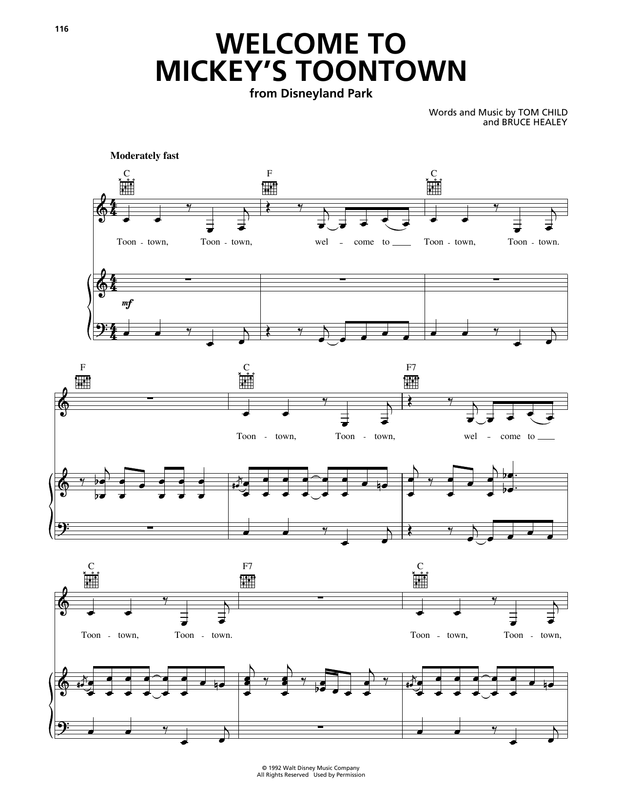 Tom Child Welcome To Mickey's Toontown sheet music notes and chords arranged for Piano, Vocal & Guitar Chords (Right-Hand Melody)