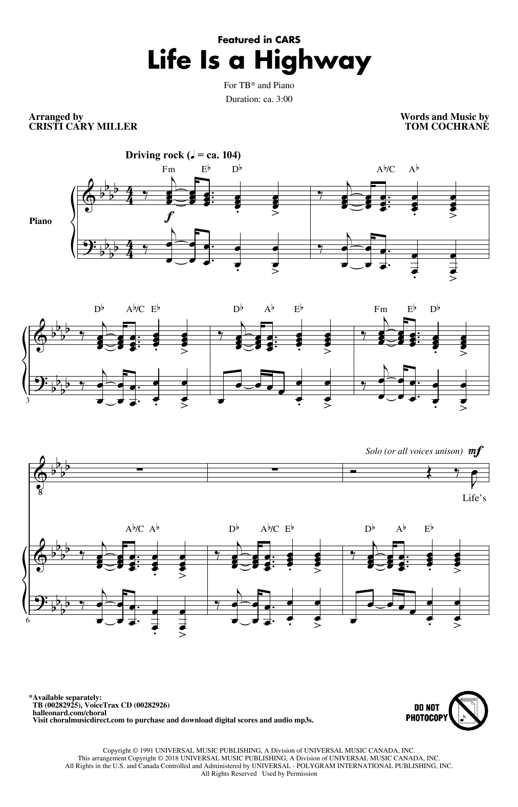 Tom Cochrane Life Is A Highway (arr. Cristy Cari Miller) sheet music notes and chords arranged for TB Choir