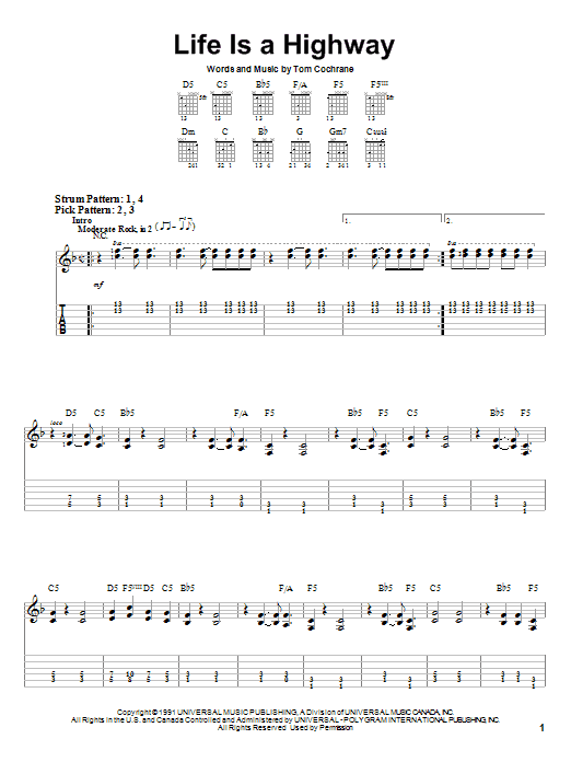 Tom Cochrane Life Is A Highway sheet music notes and chords arranged for Lead Sheet / Fake Book