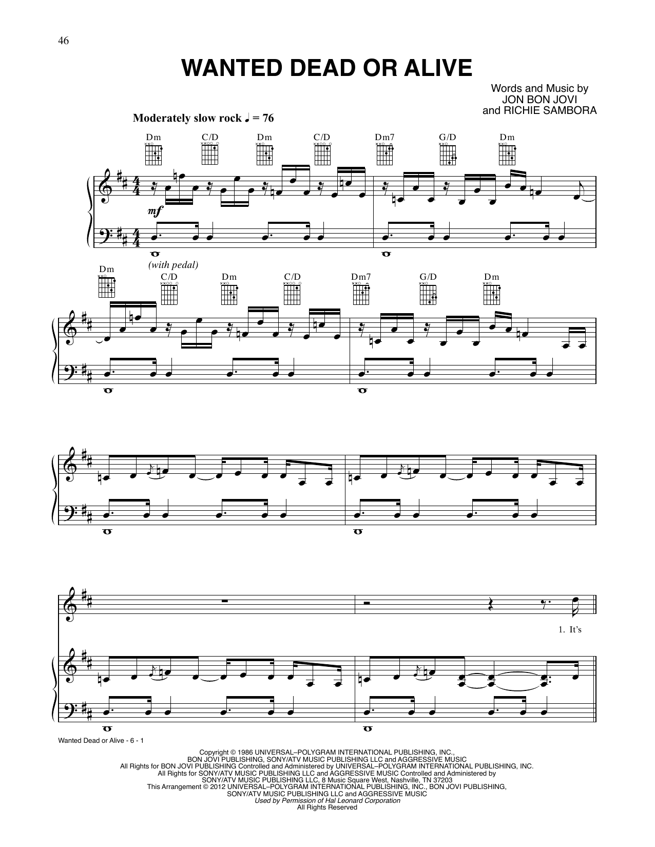 Tom Cruise and Julianne Hough Wanted Dead Or Alive (from Rock Of Ages) sheet music notes and chords arranged for Piano, Vocal & Guitar Chords (Right-Hand Melody)