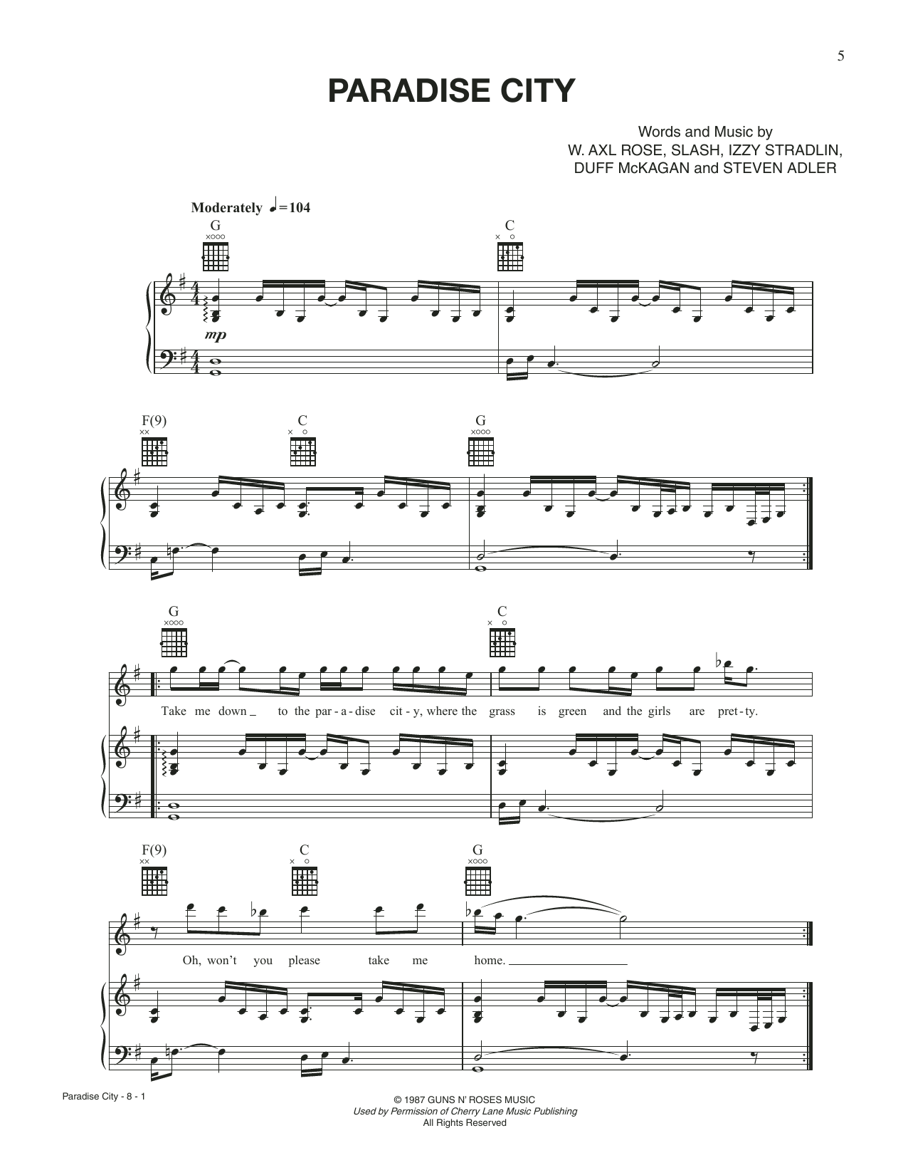 Tom Cruise Paradise City (from Rock Of Ages) sheet music notes and chords arranged for Piano, Vocal & Guitar Chords (Right-Hand Melody)