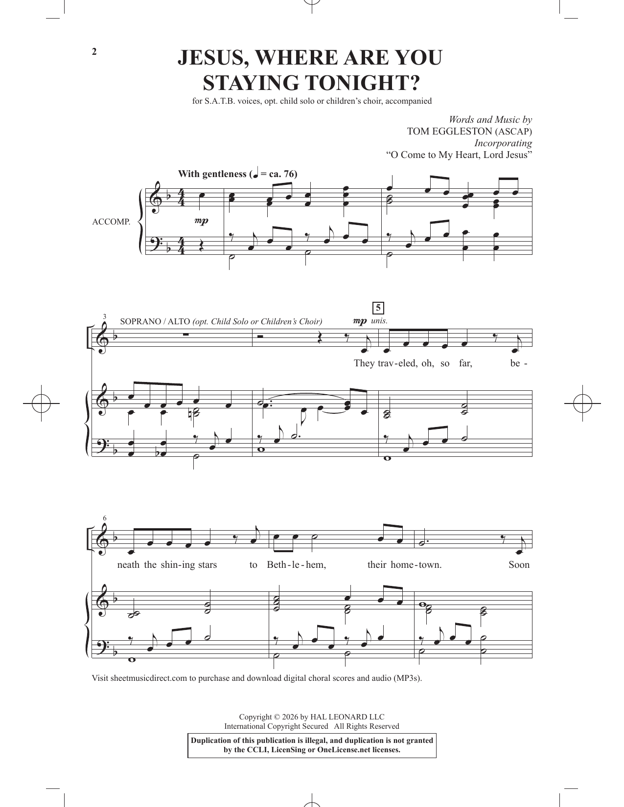 Tom Eggleston Jesus, Where Are You Staying Tonight? sheet music notes and chords arranged for SATB Choir