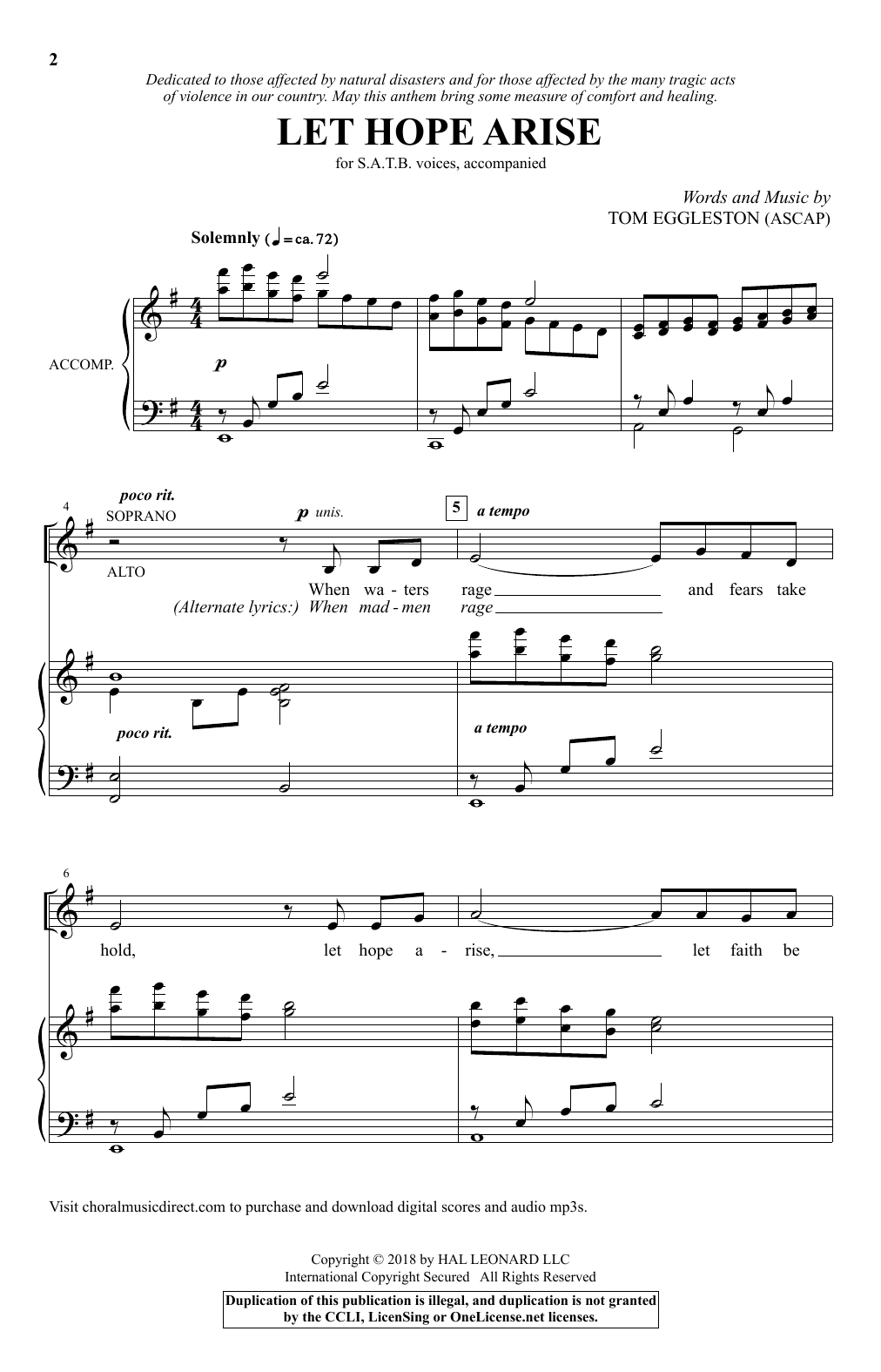 Tom Eggleston Let Hope Arise sheet music notes and chords arranged for SATB Choir