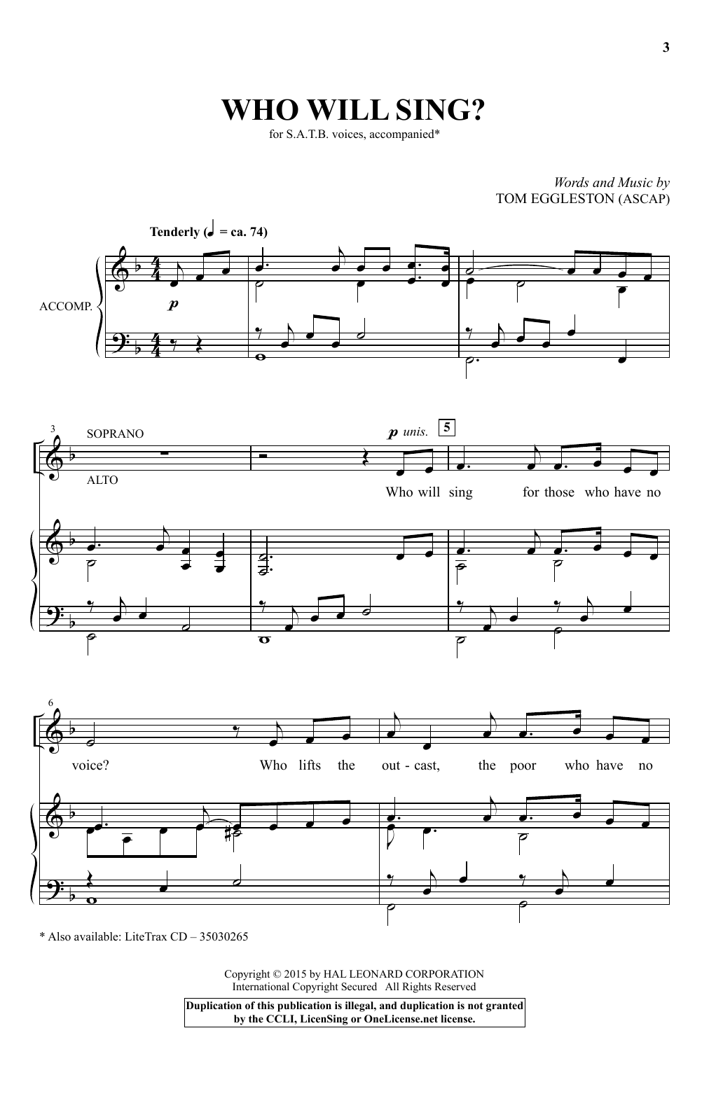 Tom Eggleston Who Will Sing? sheet music notes and chords arranged for SATB Choir