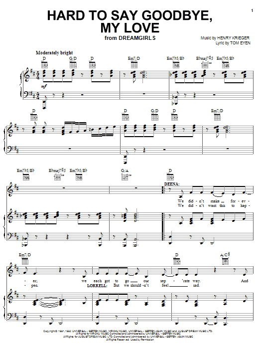 Tom Eyen Hard To Say Goodbye, My Love sheet music notes and chords arranged for Piano, Vocal & Guitar Chords (Right-Hand Melody)