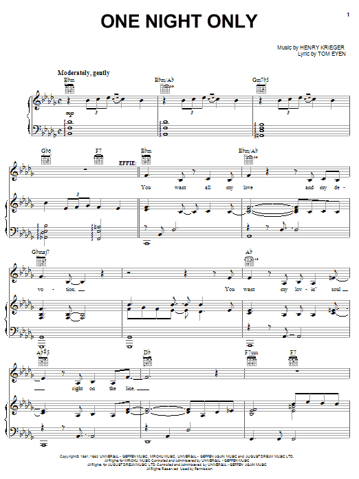 Tom Eyen One Night Only sheet music notes and chords arranged for Piano, Vocal & Guitar Chords (Right-Hand Melody)