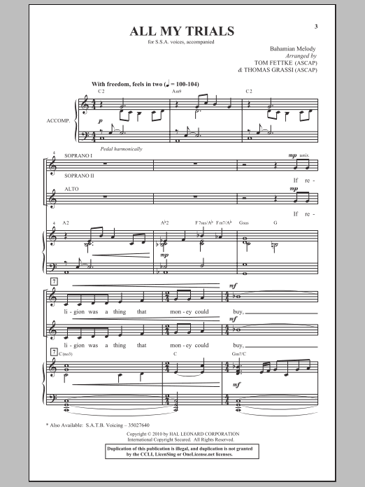 Tom Fettke All My Trials sheet music notes and chords arranged for SSA Choir