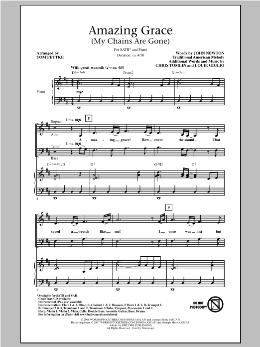 Tom Fettke Amazing Grace (My Chains Are Gone) sheet music notes and chords arranged for SATB Choir