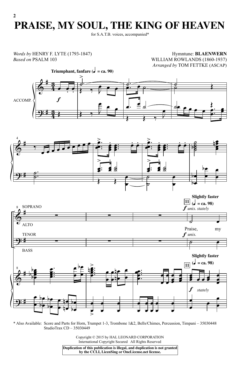 Tom Fettke Praise, My Soul, The King Of Heaven sheet music notes and chords arranged for SATB Choir