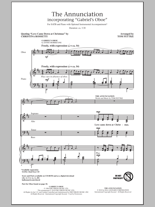 Tom Fettke The Annunciation (incorporating Gabriel's Oboe) sheet music notes and chords arranged for SATB Choir