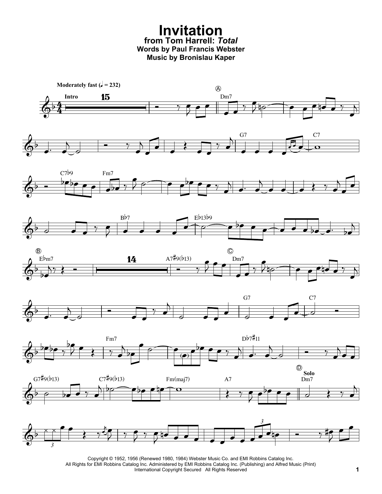 Tom Harrell Invitation sheet music notes and chords arranged for Real Book – Melody & Chords