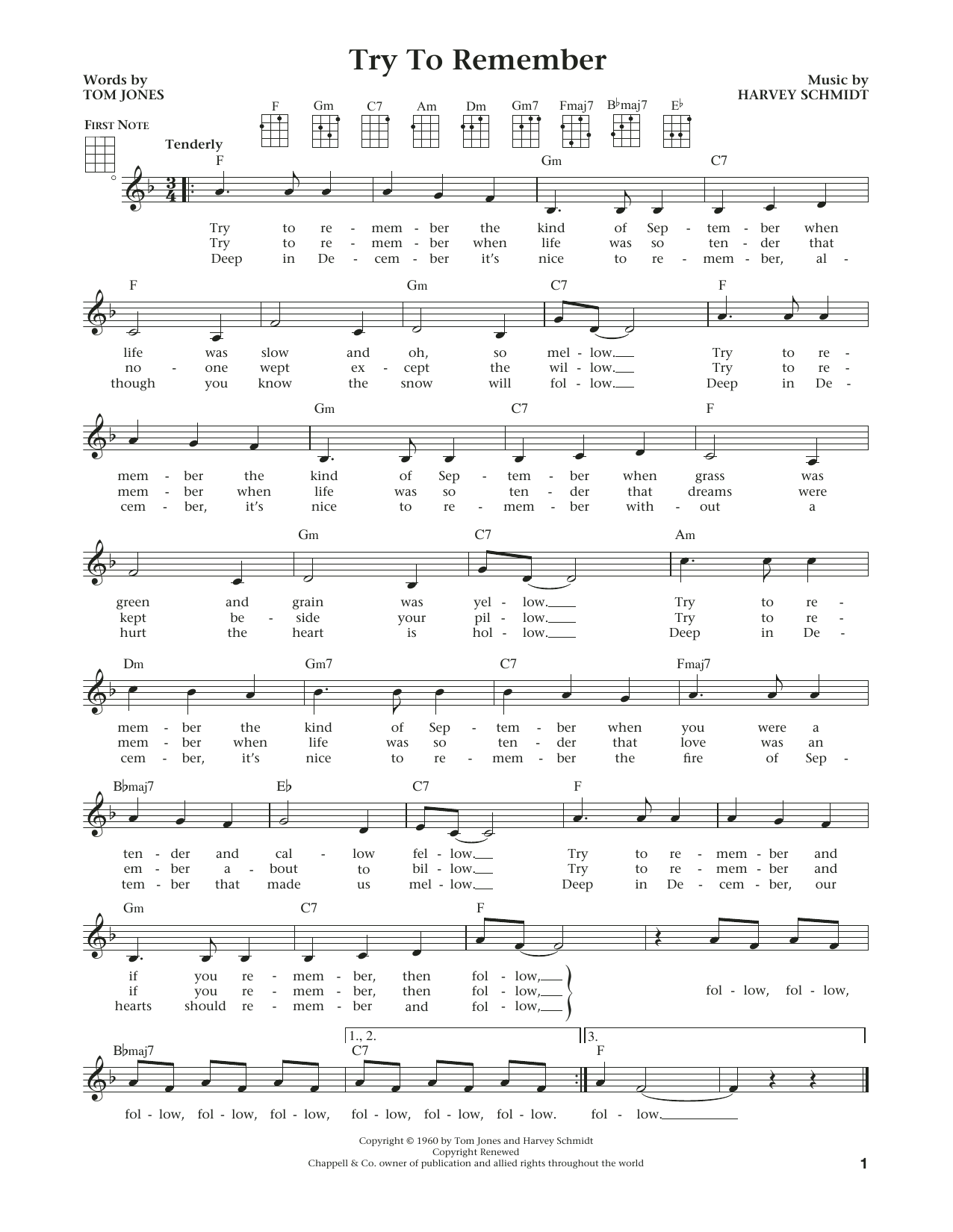Tom Jones Try To Remember (from The Daily Ukulele) (arr. Liz and Jim Beloff) sheet music notes and chords arranged for Ukulele