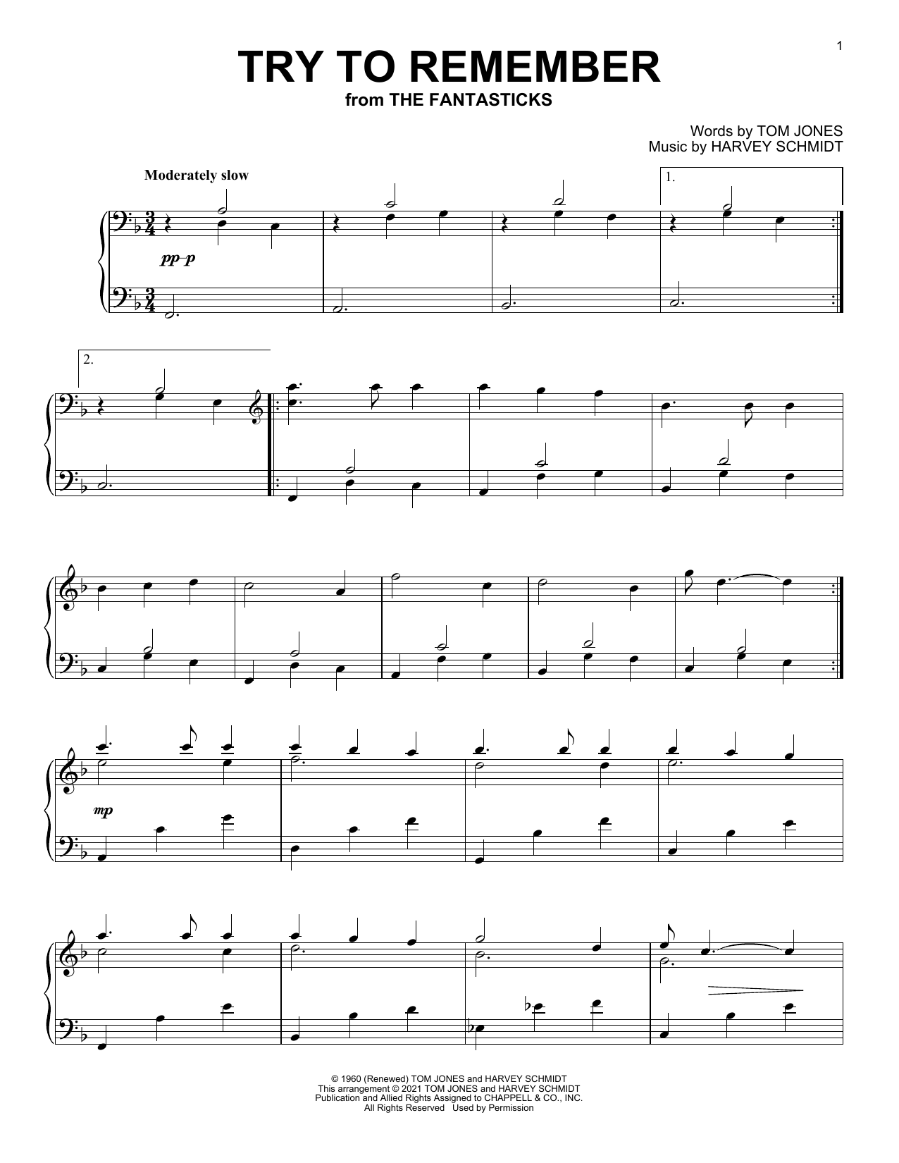 Tom Jones Try To Remember (from The Fantasticks) sheet music notes and chords arranged for Piano Solo