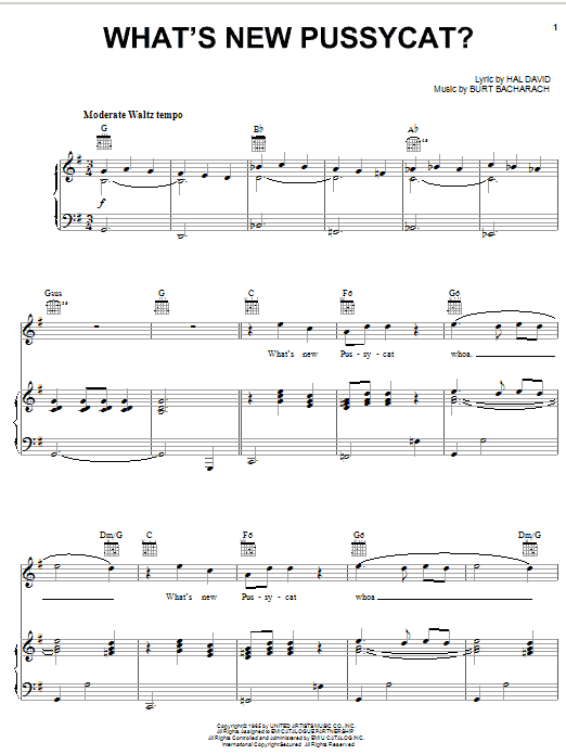 Tom Jones What's New Pussycat? sheet music notes and chords arranged for Piano, Vocal & Guitar Chords (Right-Hand Melody)