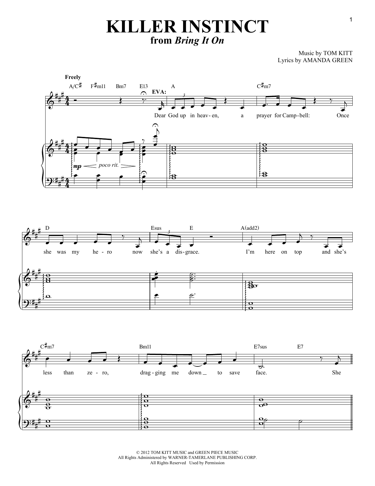 Tom Kitt Killer Instinct (from Bring It On) sheet music notes and chords arranged for Piano & Vocal