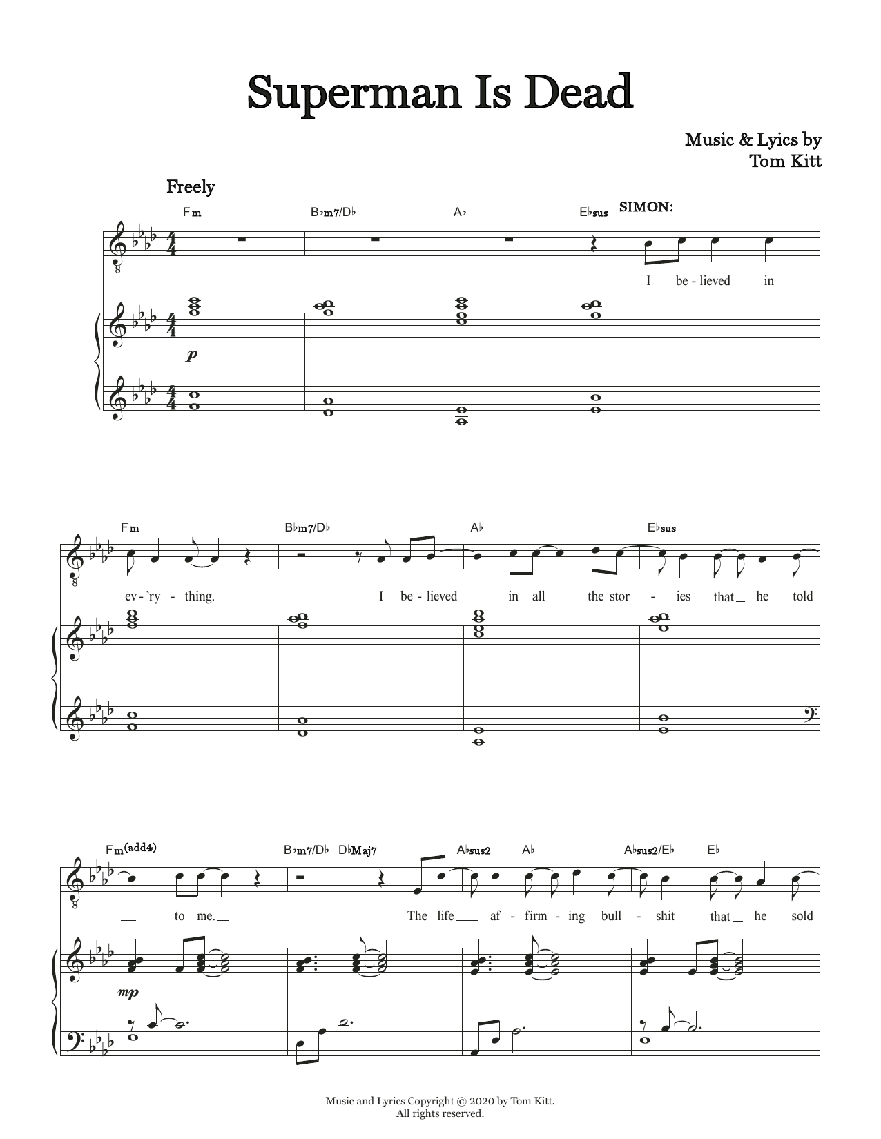 Tom Kitt Superman Is Dead (from the musical Superhero) sheet music notes and chords arranged for Piano & Vocal